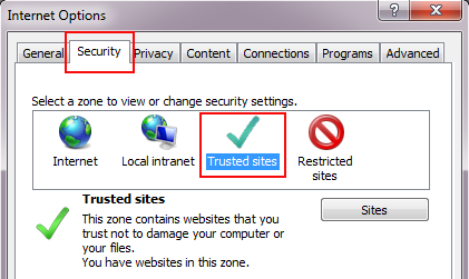 Klik op het tabblad Beveiliging en vervolgens op Vertrouwde websites