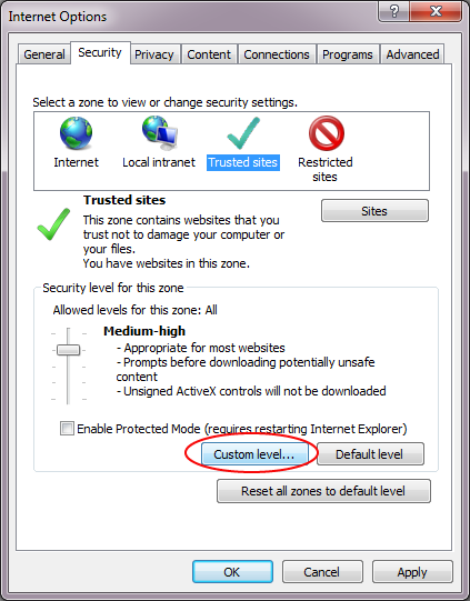 Klik op de knop Aangepast niveau