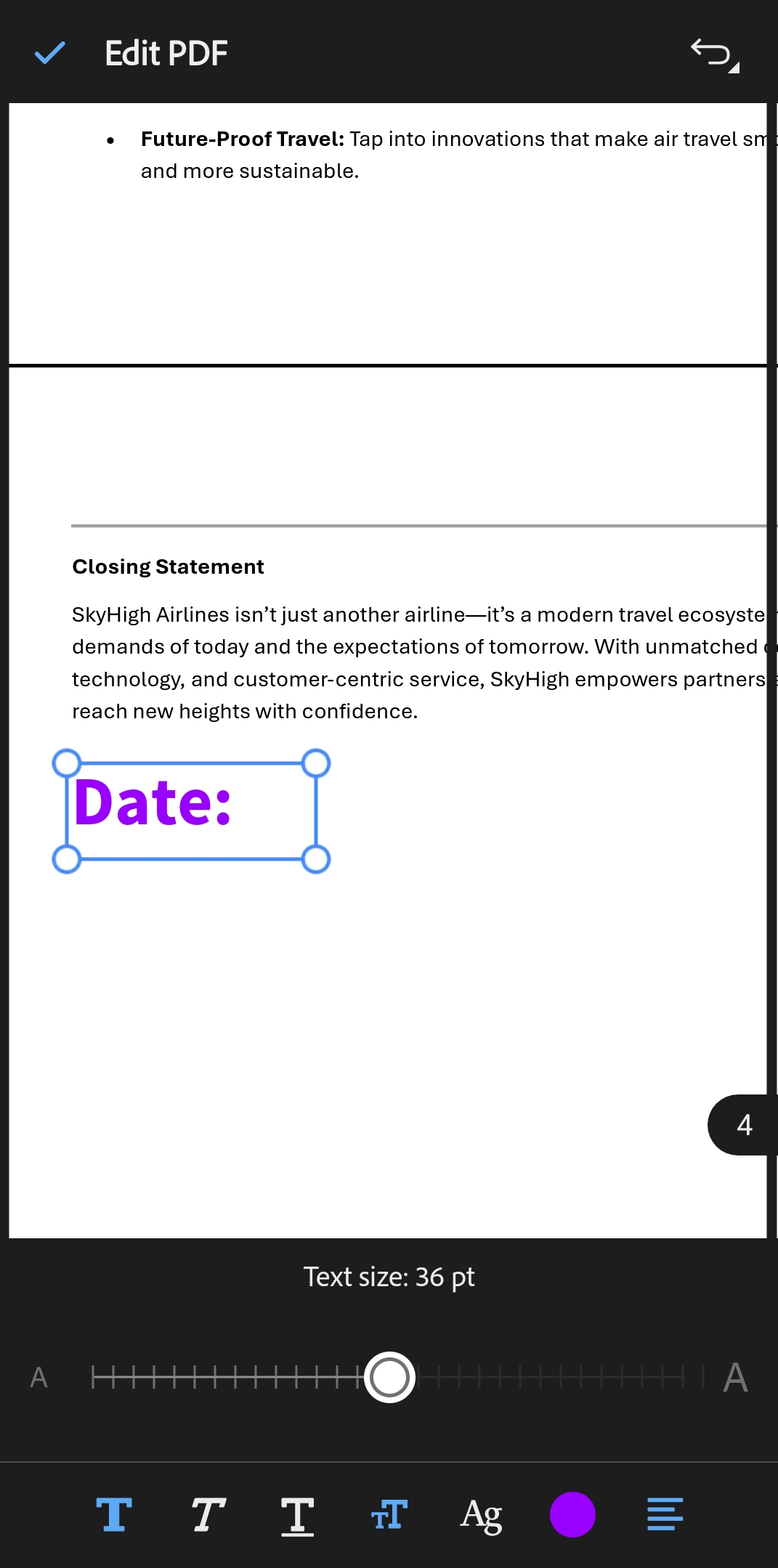 PDF editing page in Acrobat Android showing a text box (“Date”) being added, with controls to adjust text size, formatting, and placement