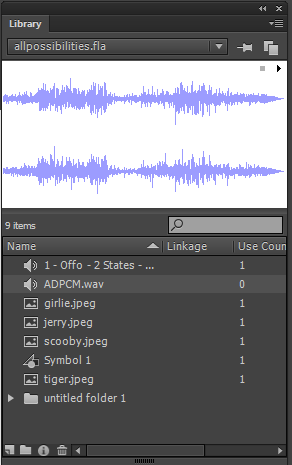 The Library panel with an audio clip selected