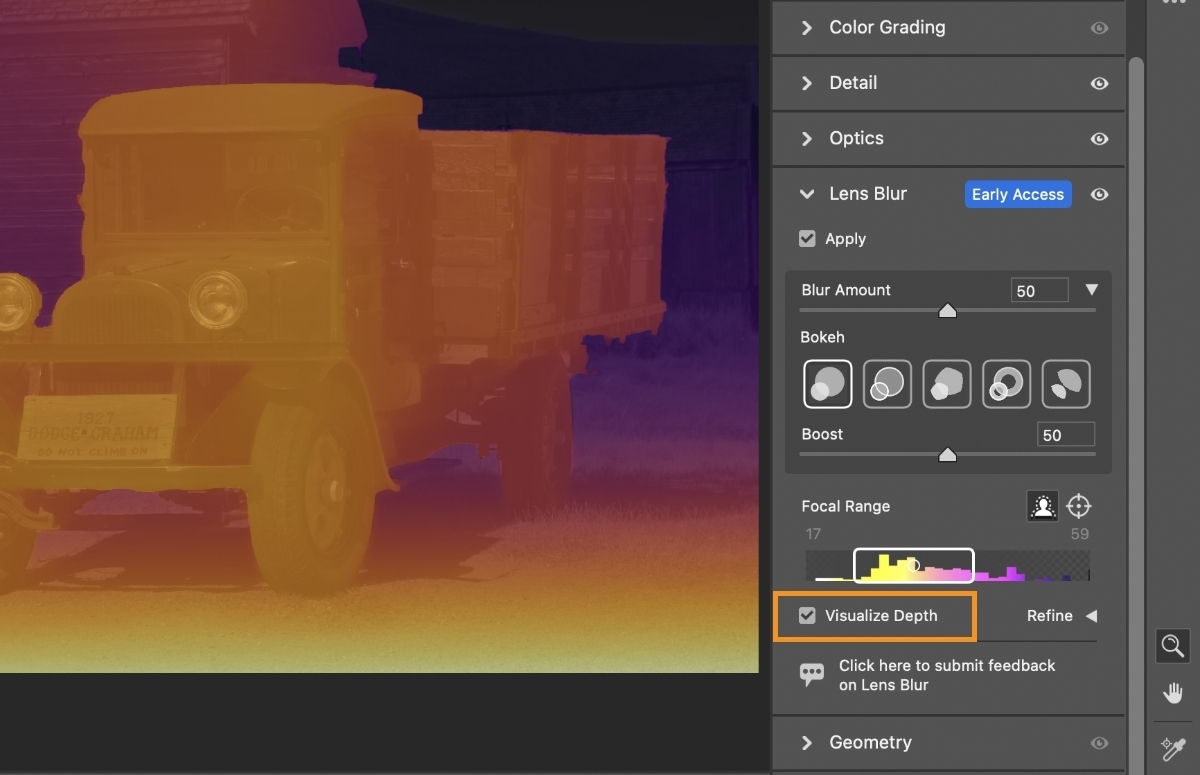 visualize Lens Blur settings in Adobe Camera Raw
