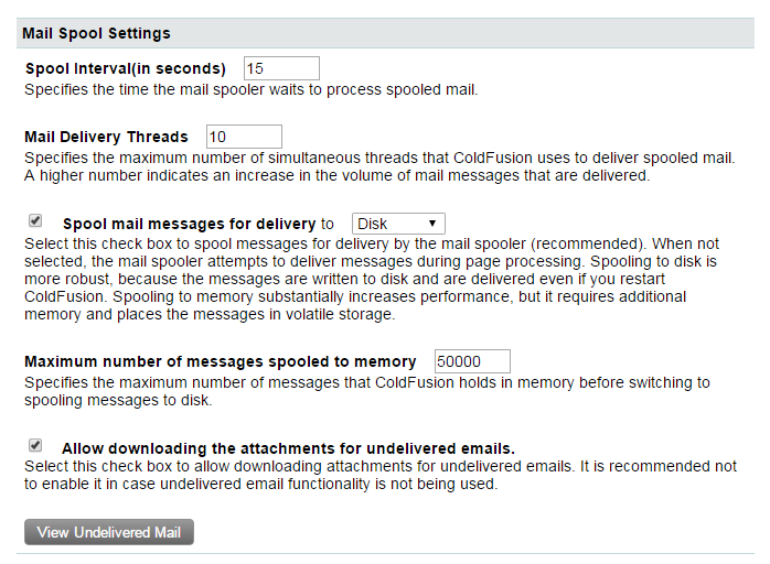 Mail Spool settings screen