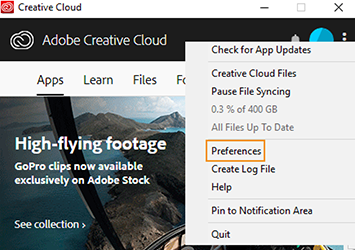 Preferences option in the Creative Cloud desktop app