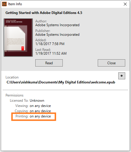 Viewing print permissions of a book