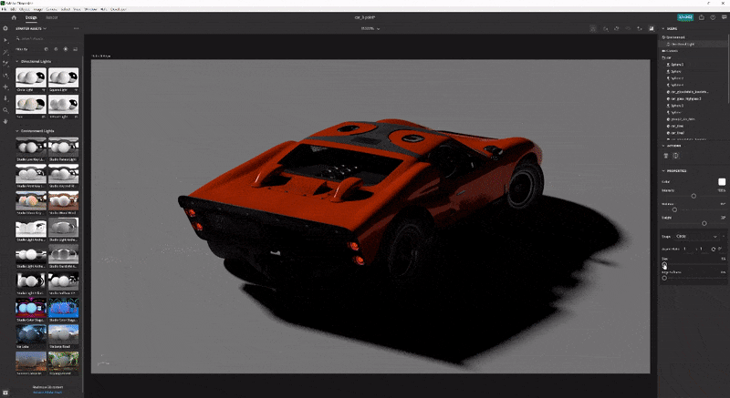 Example of how the size of a 3D light affects the shadow softness cast by a CGI car model