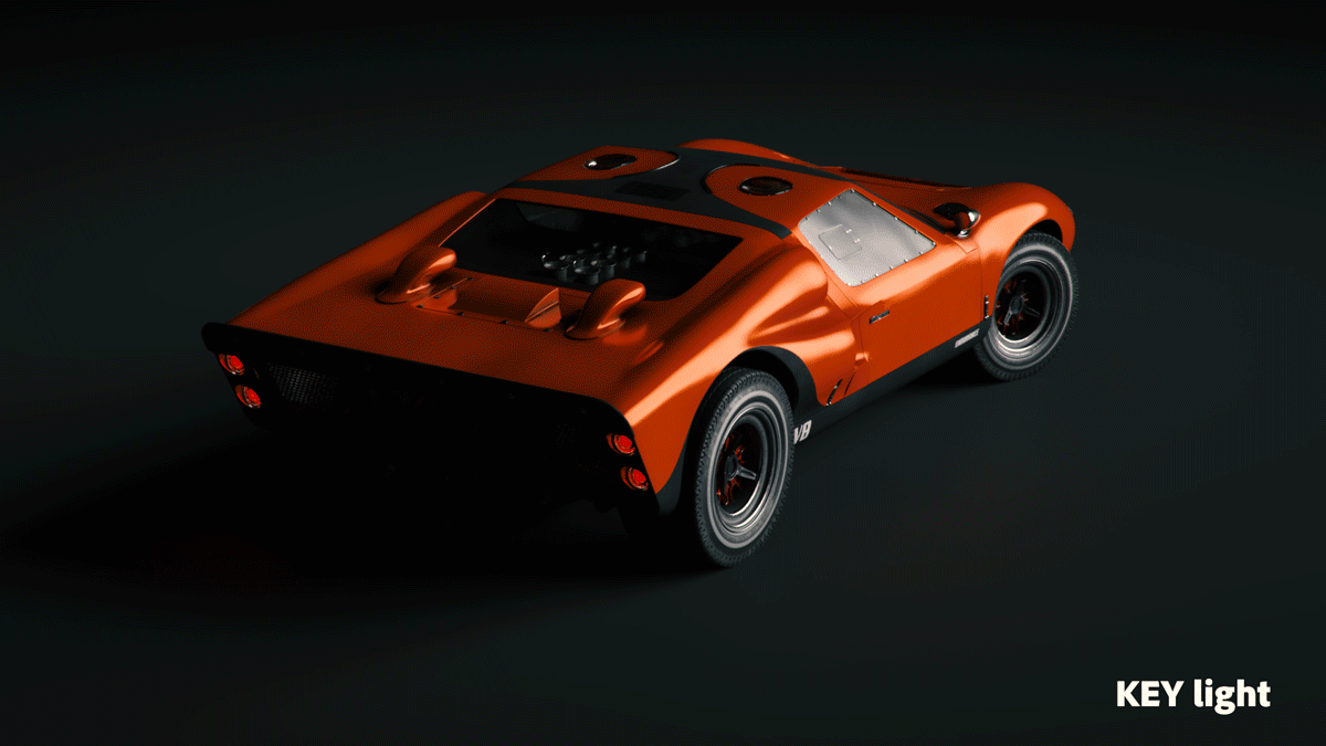 Example of 3 lights illuminating a 3d car model individually and all 3 of them working together