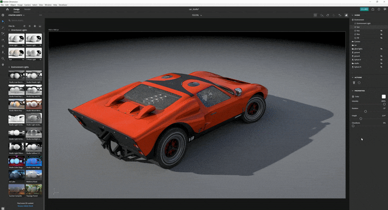 Manipulating lighting properties for sunlight lighting on a 3D car model in Adobe Dimension.