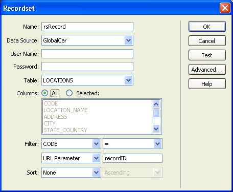Recordset dialog box