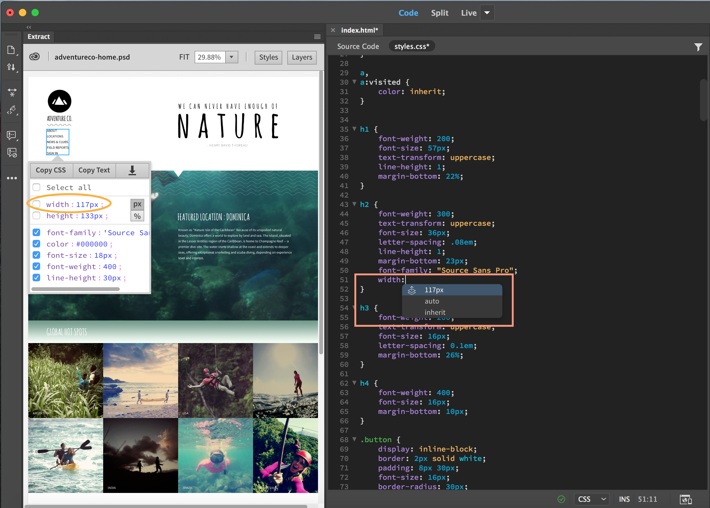 Coderingstips met een CSS-eigenschap van een element in een PSD-bestand Coderingstips met een CSS-eigenschap van een element in een PSD-bestand
