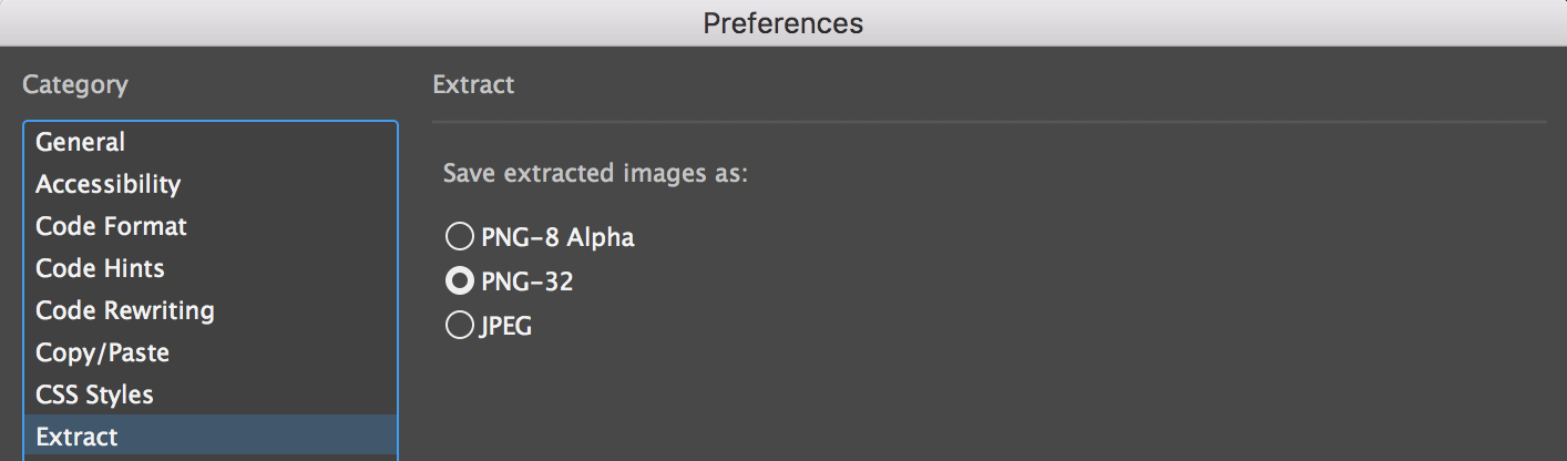Indeling van geëxtraheerde afbeelding Geëxtraheerde afbeeldingsindeling in Dreamweaver CC