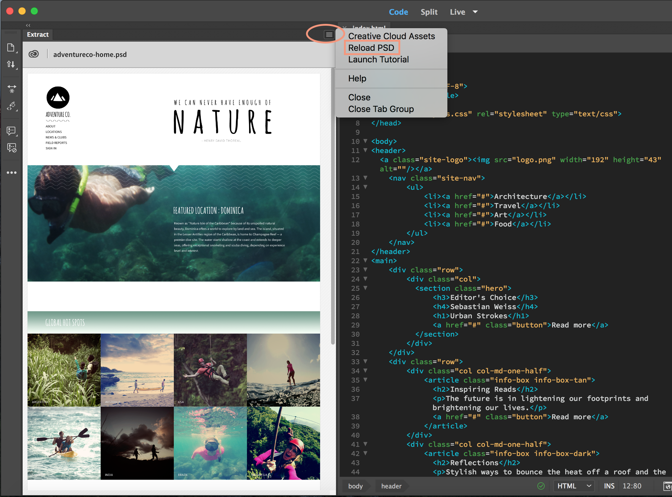 De optie voor het opnieuw laden van het PSD-bestand in het deelvenster Extract De optie voor het opnieuw laden van het PSD-bestand in het deelvenster Extract
