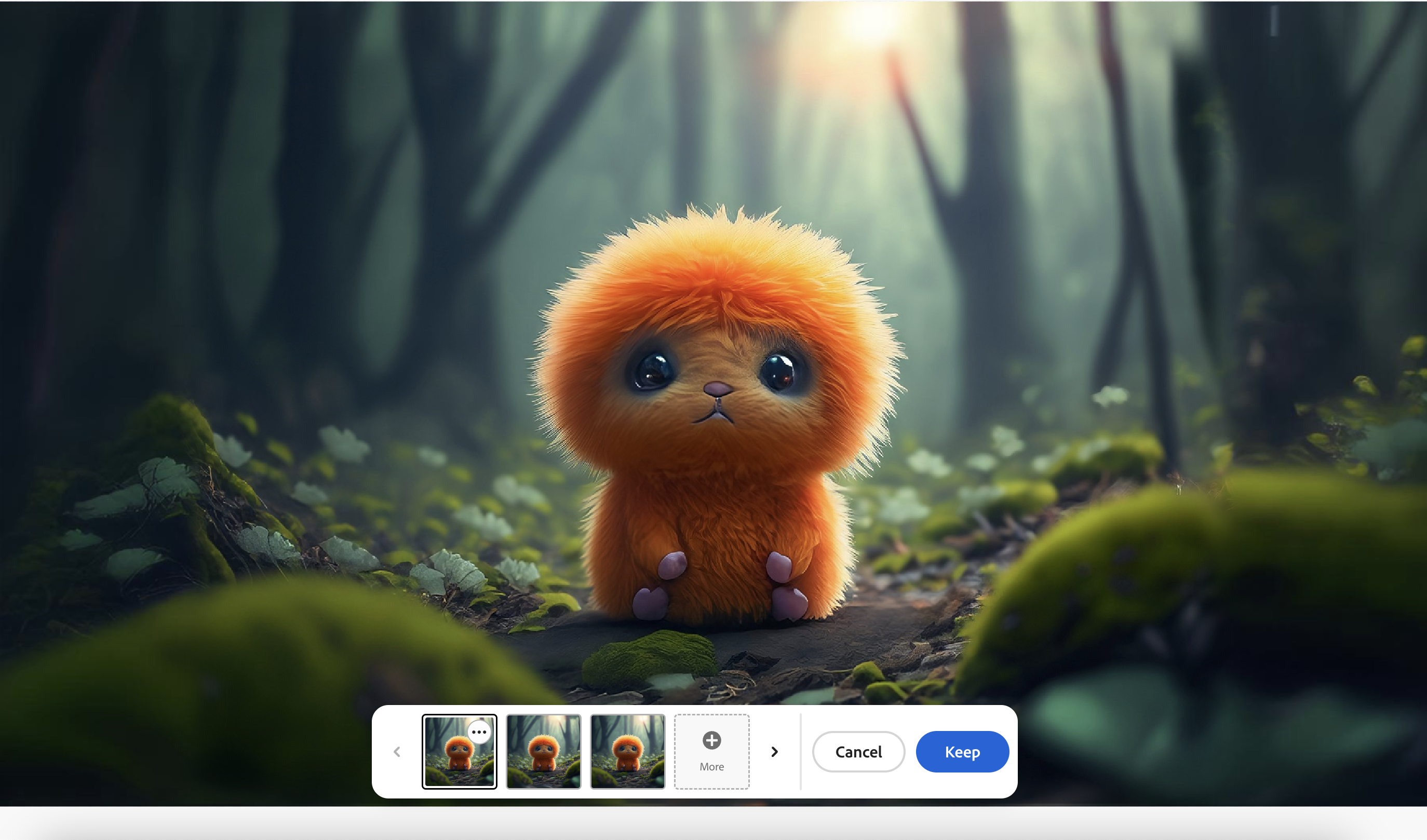 A generated image of a cute character in a jungle. The image has been extended based on the text prompt added. There are also different generated generative expand variations to choose from.