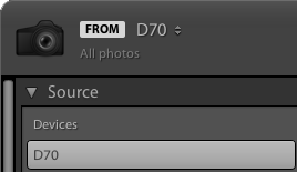 The Lightroom Classic CC Source panel with a camera selected The Lightroom Classic CC Source panel with a camera selected.