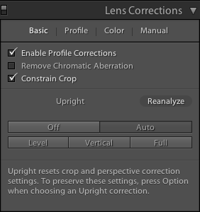 Nueva ficha de controles básicos del panel Correcciones de lente Ficha de controles básicos de Lightroom Classic CC del panel Correcciones de lente