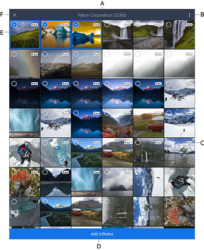 Lightroom mobile import interface displaying photos from the connected camera Lightroom for mobile import interface