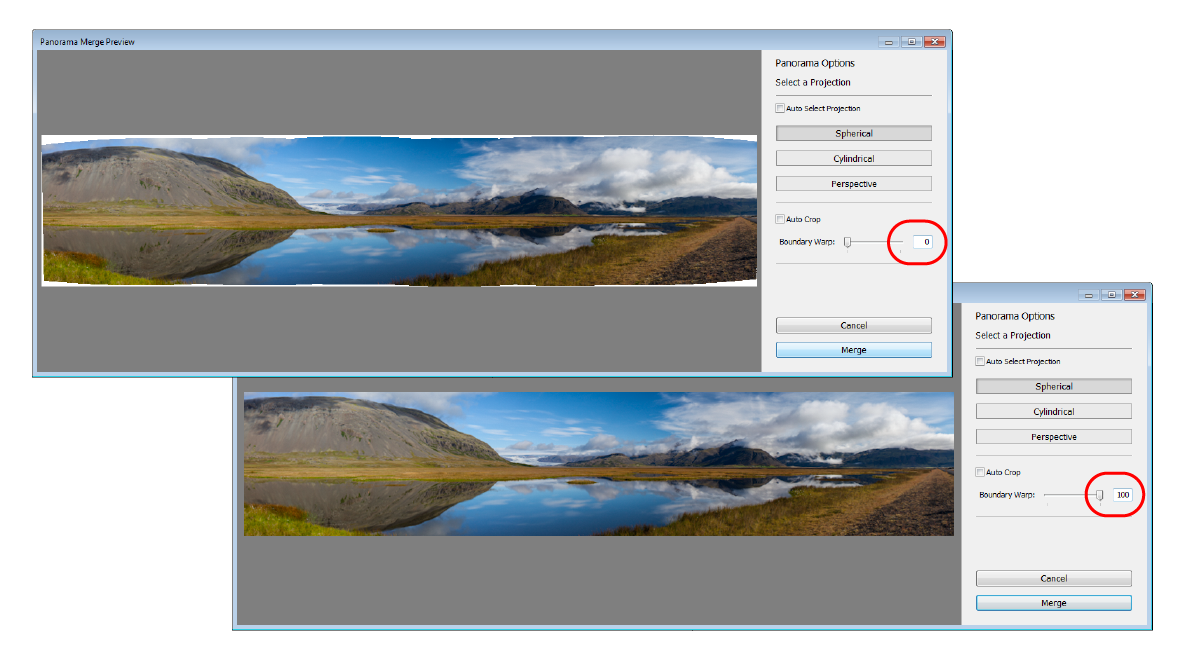 Lightroom Lightroom Boundary Warp in action; adjusting the slider from 0 (above) to 100 (below)