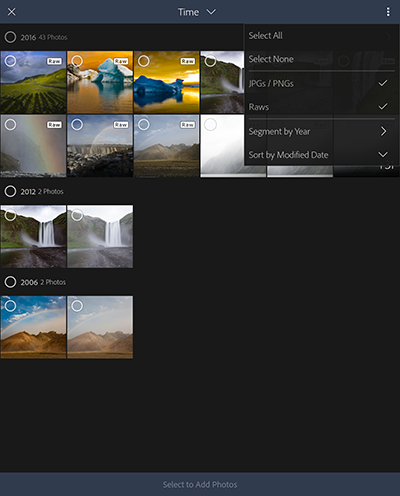 Importing photos from Camera roll or Gallery in Time view. Importing photos from Camera roll or Gallery in Time view.