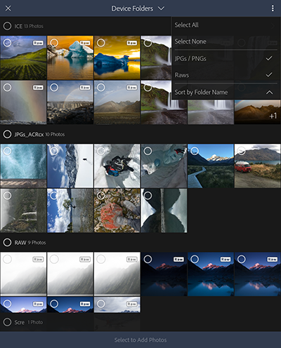 Importing photos from Camera roll or Gallery in Device Folders view. Importing photos from Camera roll or Gallery in Device Folders view.