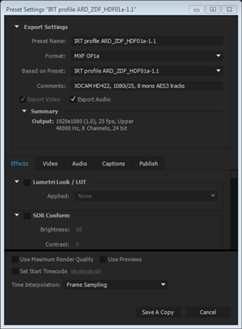 IRT Settings Preset settings