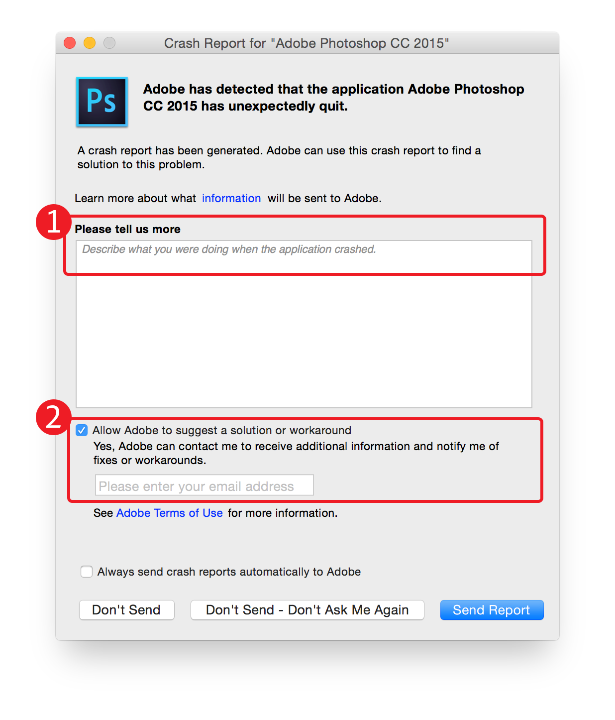 crashrapport verzenden Photoshop-crashrapport verzenden