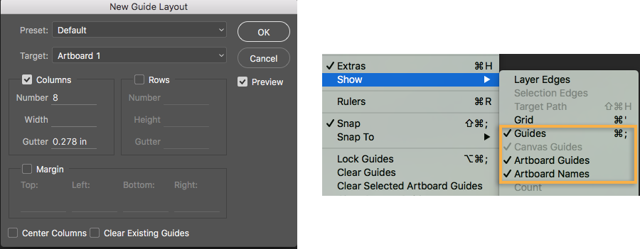 New Guide Layout (left) and guide visibility options (right) Photoshop New Guide Layout