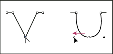 Een richtingspunt van een hoekpunt afslepen om een boogpunt te maken Photoshop - Vloeiende punten in hoekpunten omzetten en omgekeerd