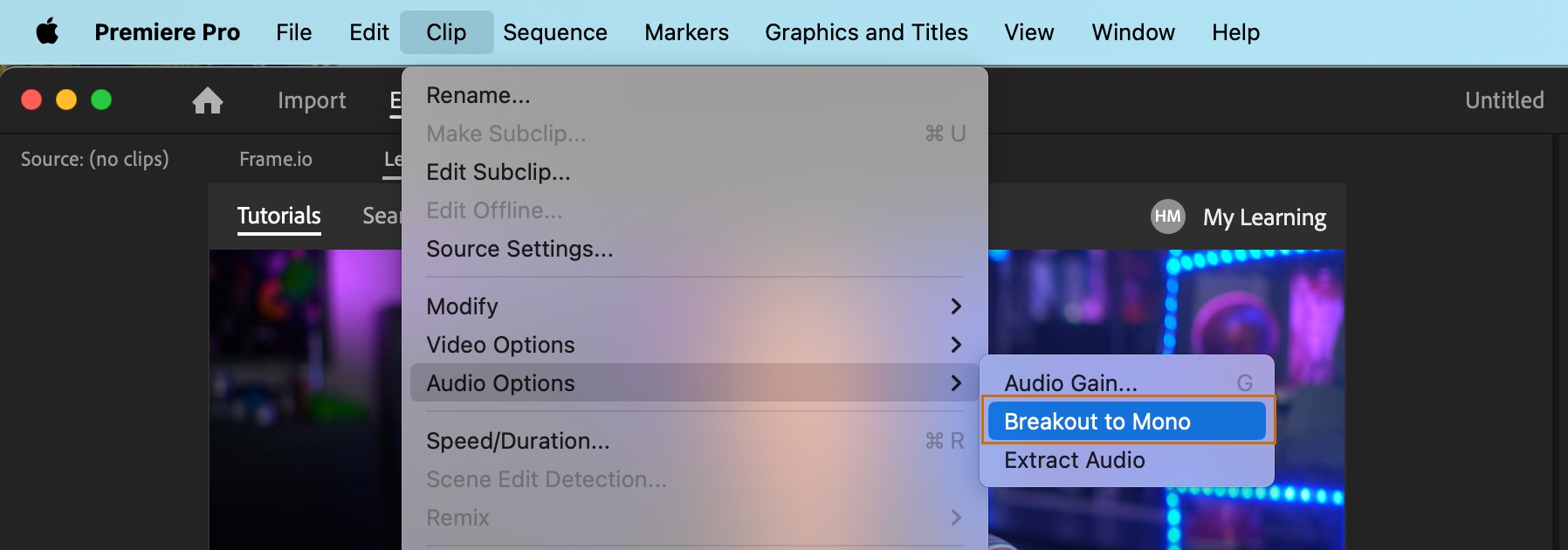 The Project panel menu is open, and Breakout to Mono under the Audio Options is selected.