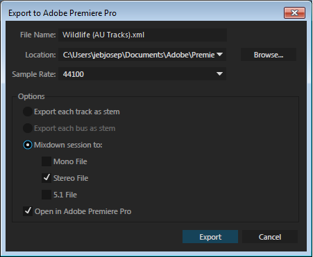 Export to Premiere Pro dialog box