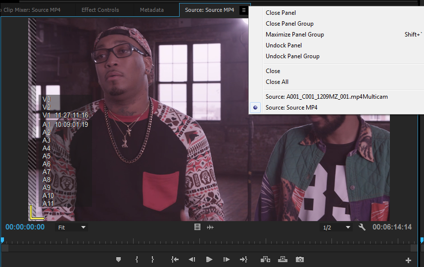 Choosing a clip from the Source menu Choosing a clip to view from the Source menu