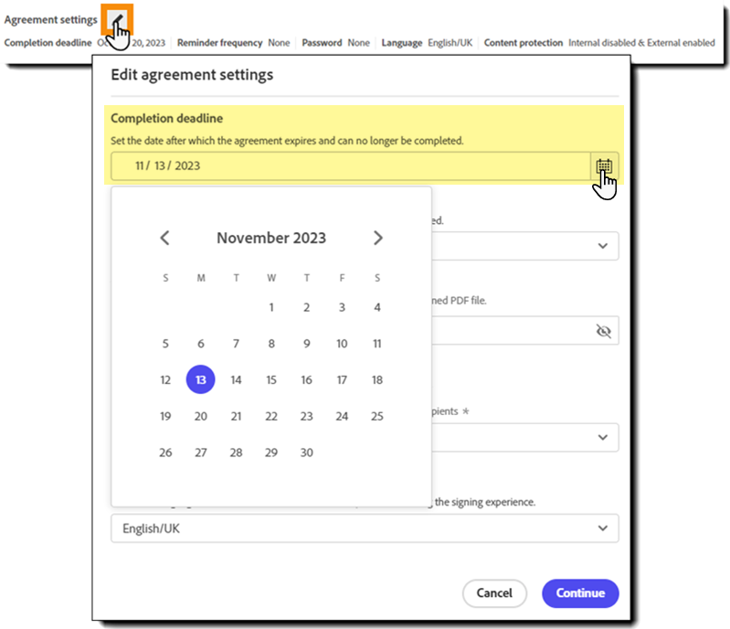 The agreement settings panel with the deadline calendar highlighted