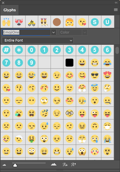 Glyphs panel showing a portion of EmojiOne Color’s character set Glyphs panel in Photoshop showing a portion of EmojiOne Color’s character set.