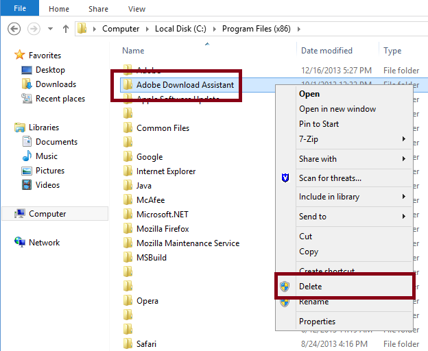 Adobe Download Assistant selected with context menu displayed