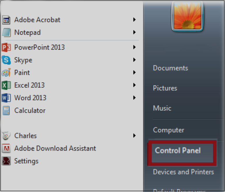 Control Panel in Start Menu