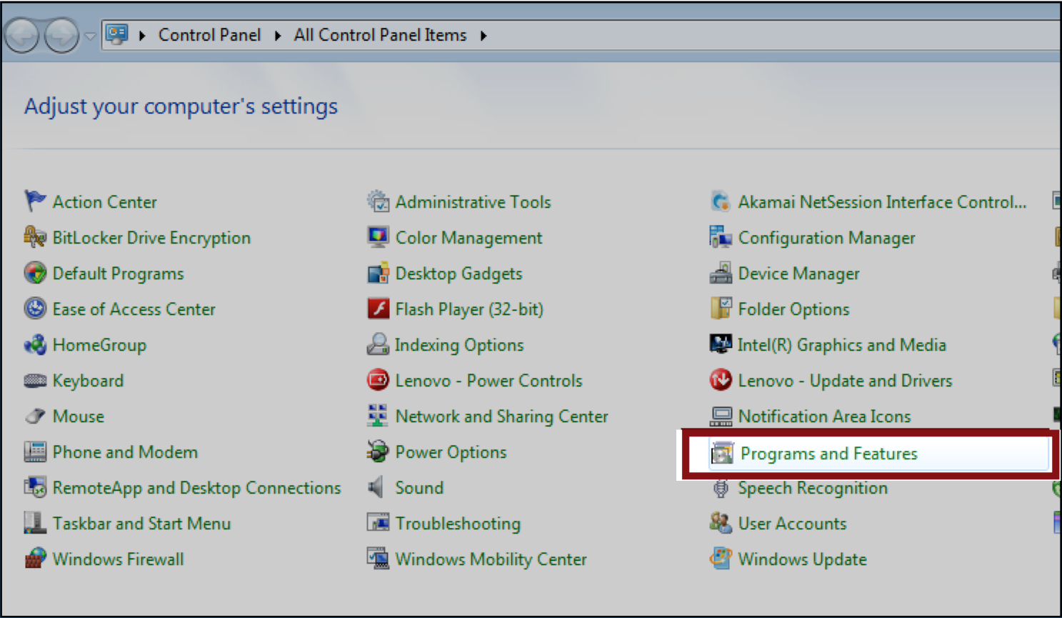 Programs and Features Control Panel