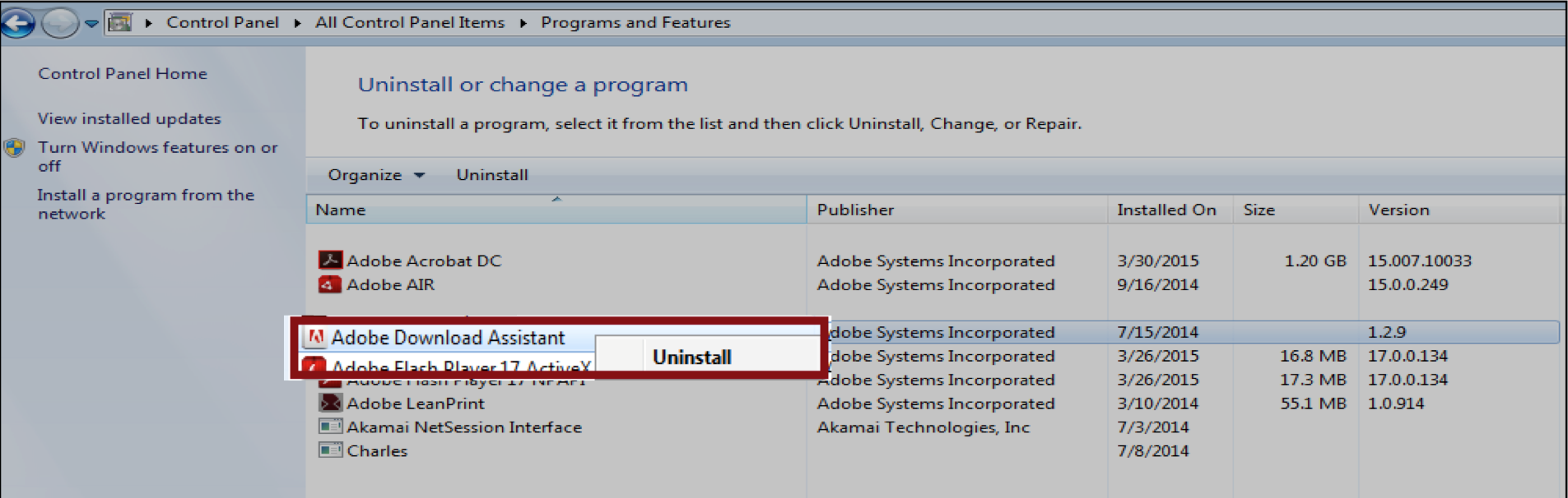 Programs and Features Contextual Uninstall