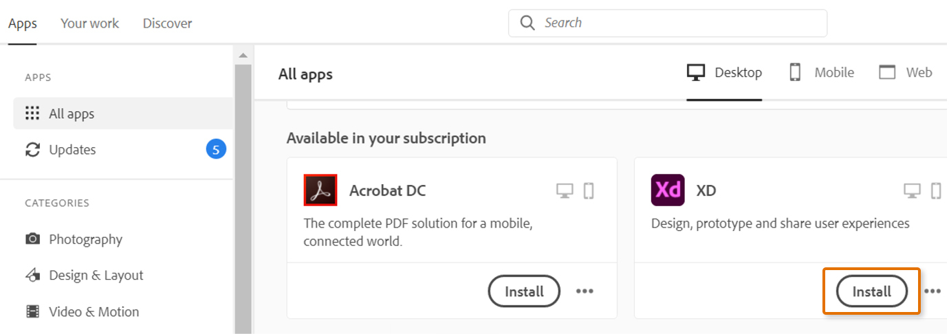 Click Install next to XD.