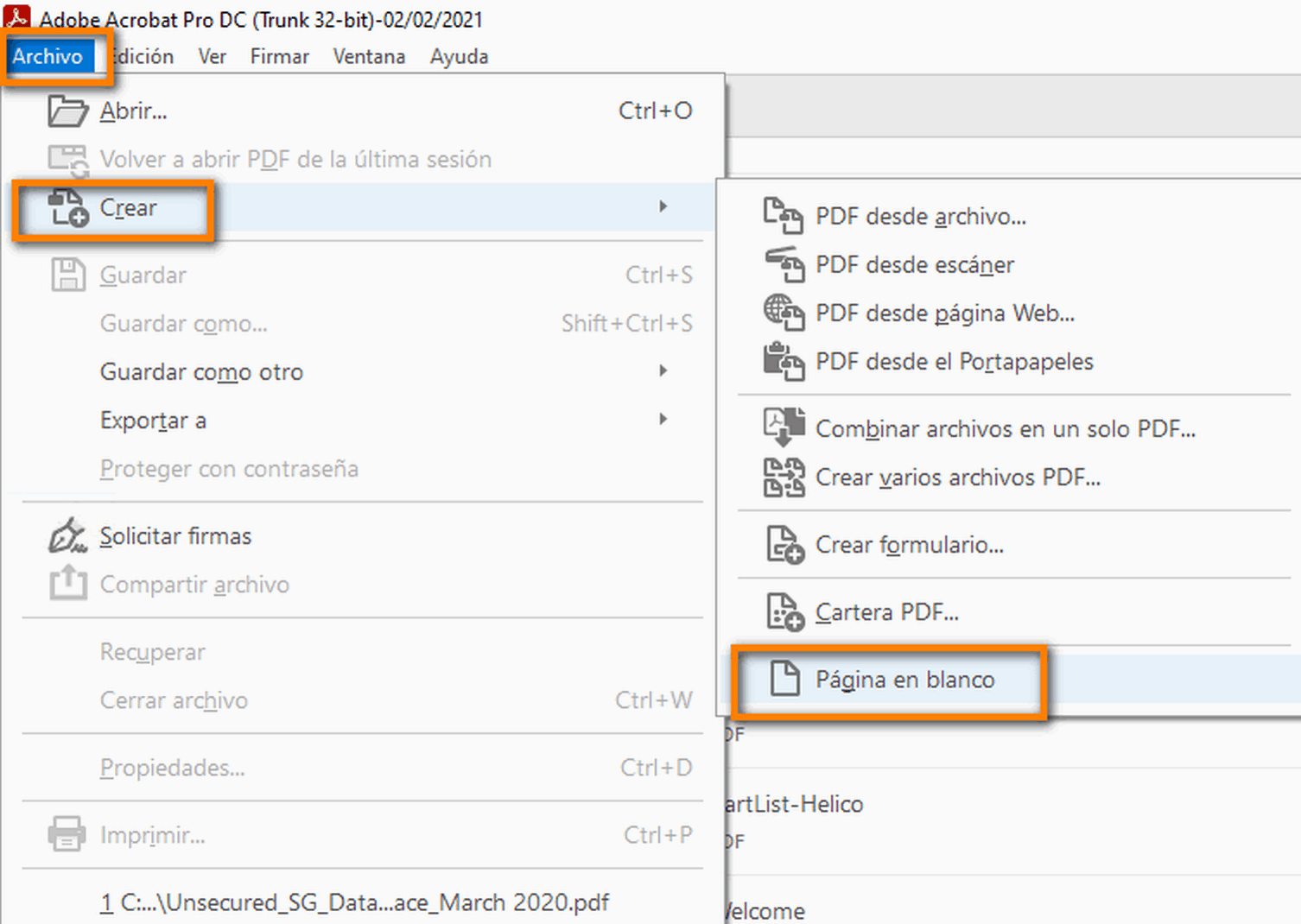 Crear un PDF con las páginas en blanco desde el menú Archivo Crear un PDF con las páginas en blanco desde el menú Archivo