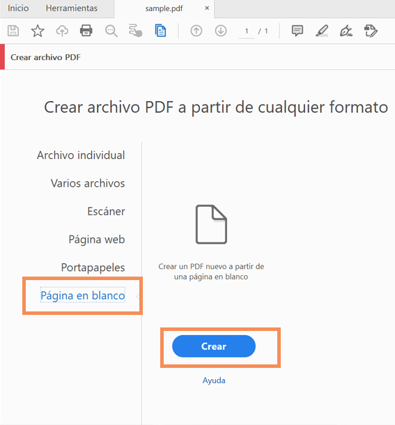 Crear un PDF en blanco desde Herramientas > Crear PDF Crear un PDF en blanco desde Herramientas > Crear PDF