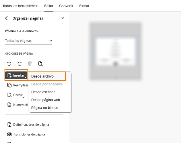 Vaya a Insertar y seleccione Desde archivo Aparece la opción Insertar desde archivo en la herramienta Organizar páginas