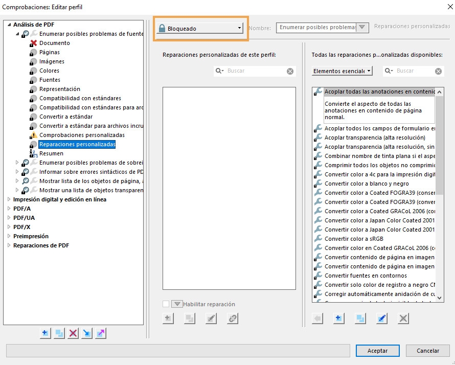 Editar perfil mediante el cuadro de diálogo Comprobaciones Se muestra el cuadro de diálogo Comprobaciones para Editar perfil