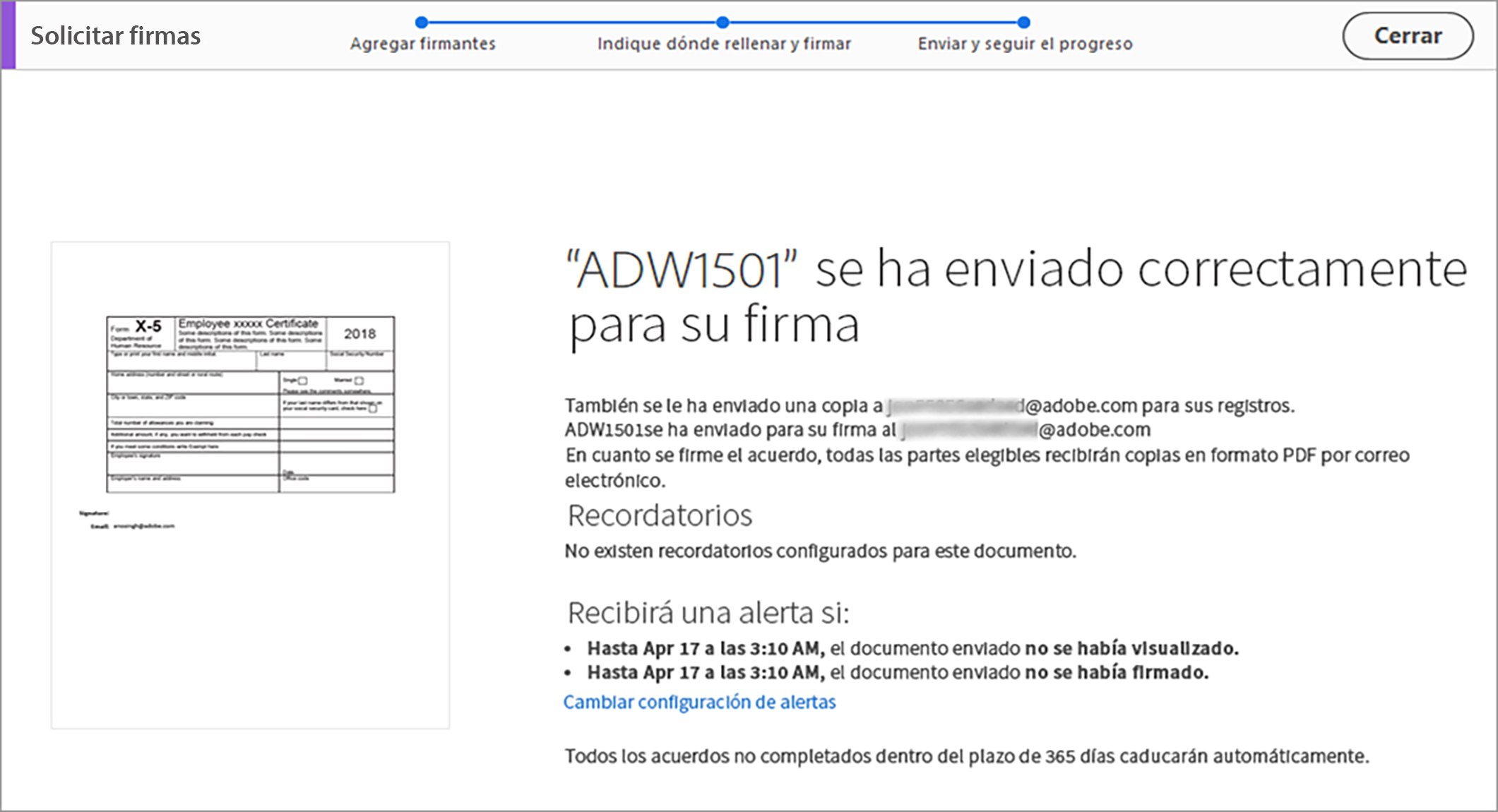 Confirmación de documento enviado para firmar Confirmación de documento enviado para firmar