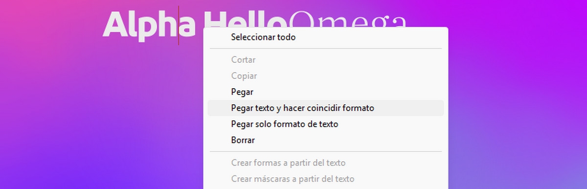 El texto se pega utilizando la opción Pegar texto y Hacer coincidir formato del menú contextual. El texto pegado adapta la fuente de texto y el estilo de la capa de destino.