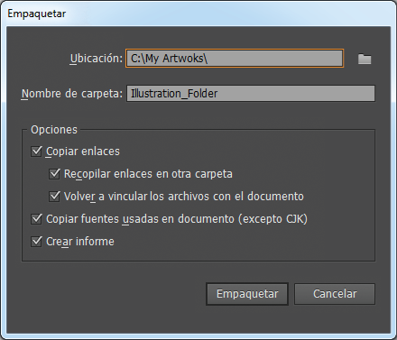 Cuadro de diálogo de Empaquetar Cuadro de diálogo de Empaquetar