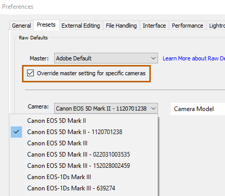 Definir configuración predeterminada de RAW específica para el modelo de cámara Definir configuración predeterminada de RAW específica para el modelo de cámara