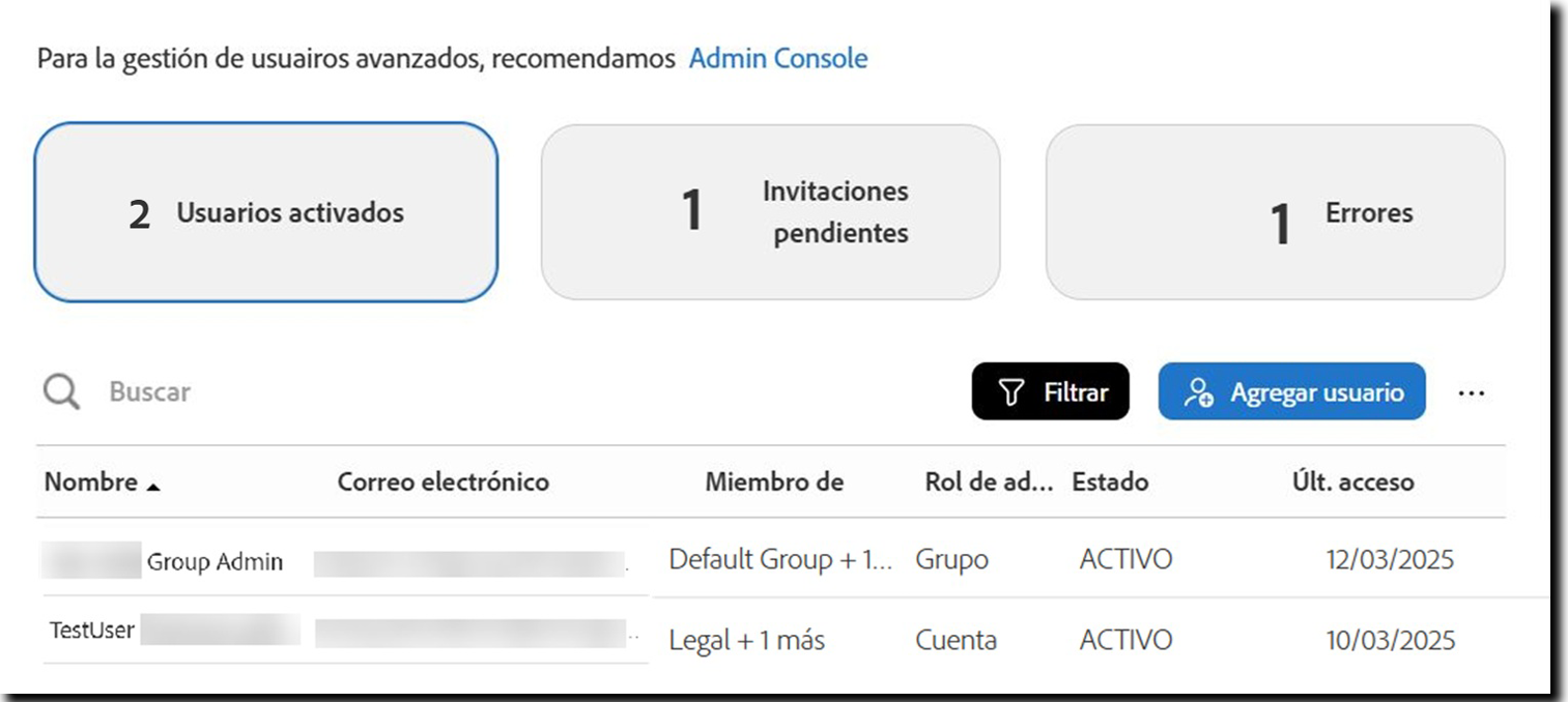 La página Usuarios que muestra la vista Usuarios activos