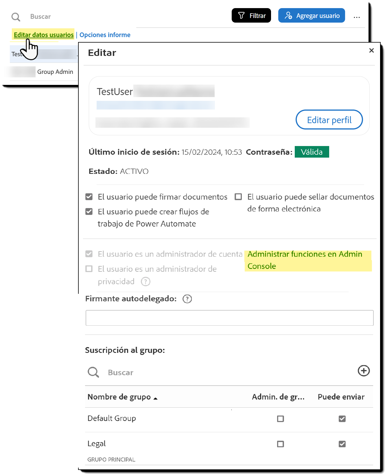 Página Usuarios con el vínculo Editar datos usuario resaltada