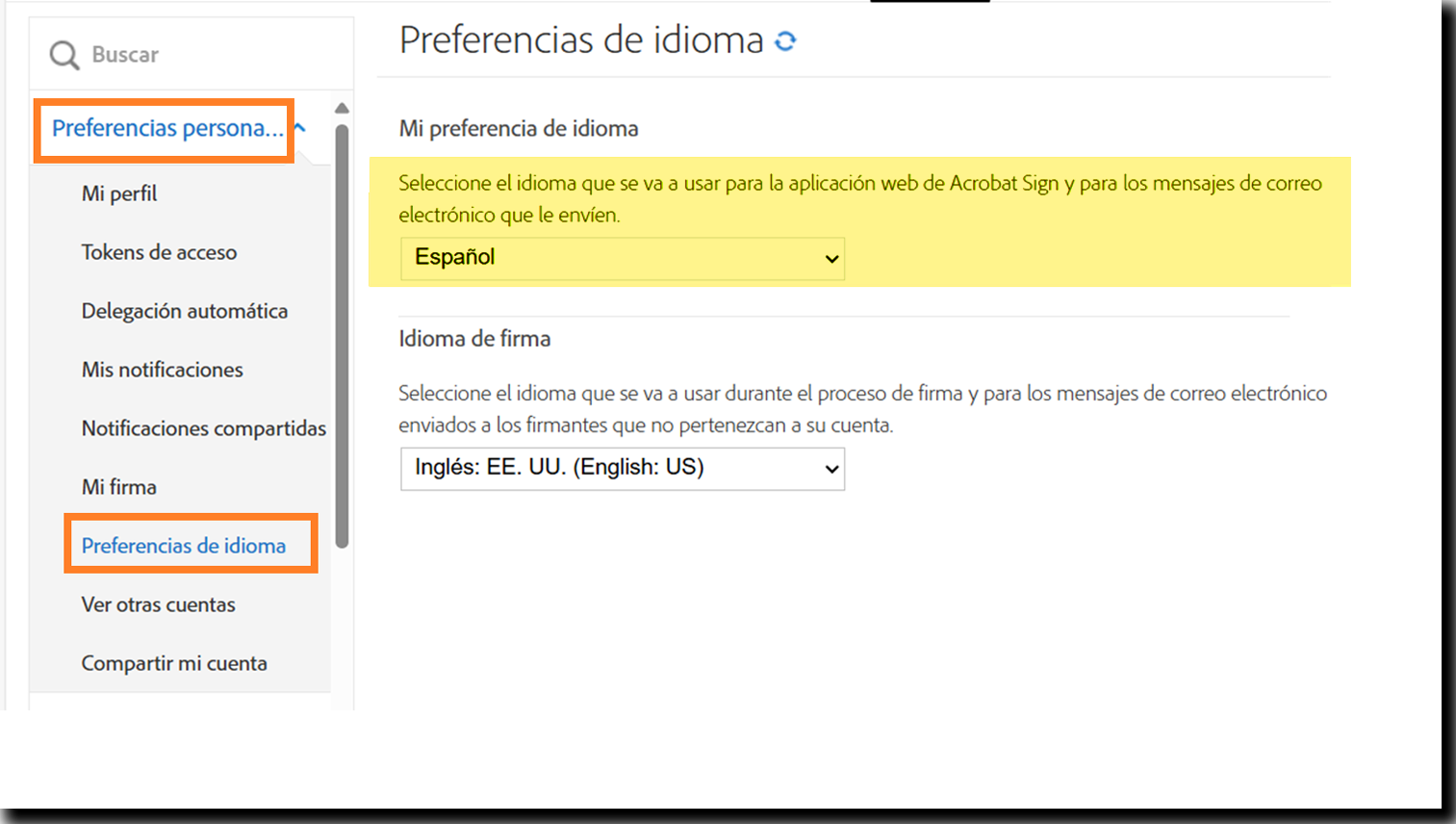 locale_settings Menú Preferencias personales del usuario con el campo Preferencias de idioma resaltado