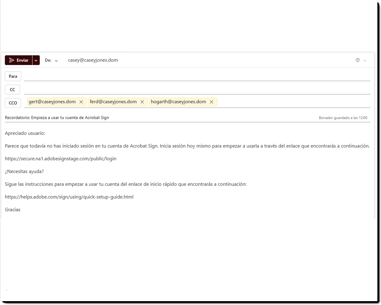 Ejemplo de plantilla de correo electrónico de Invitaciones pendientes con tres correos electrónicos de usuario en el campo CCO