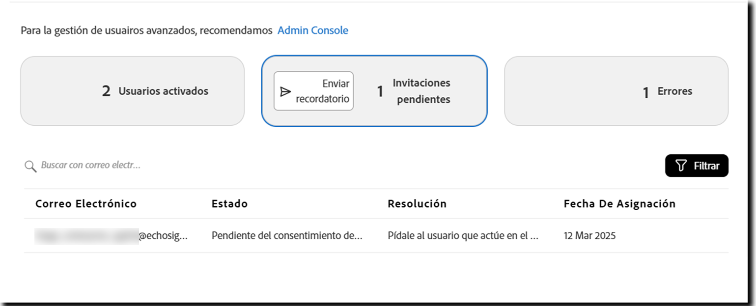 La página Usuarios que muestra la vista Invitaciones pendientes