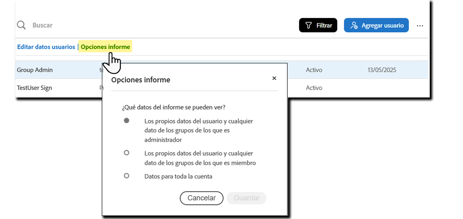 Acciones de usuario expandidas con las Opciones de informe resaltadas.